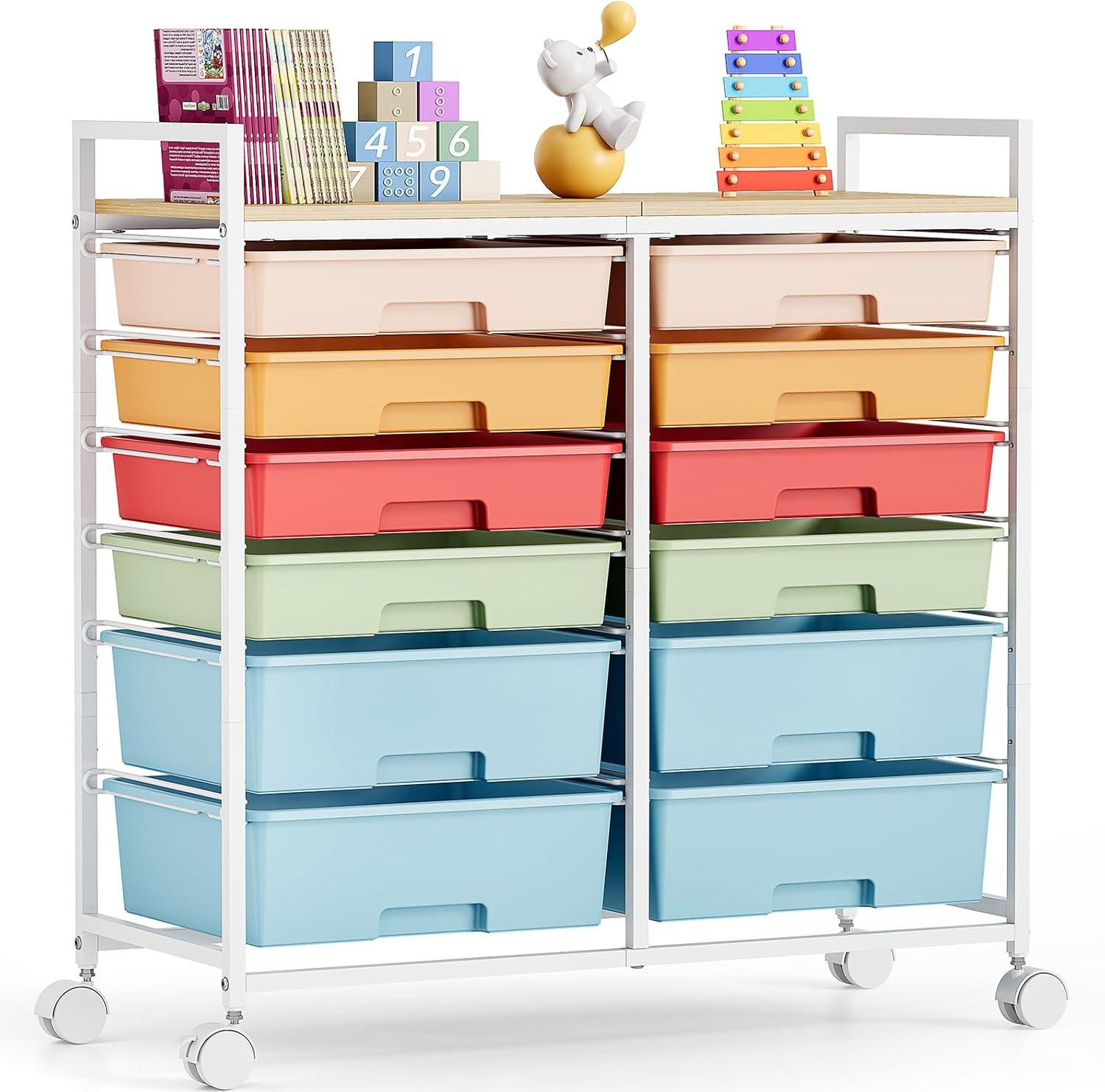 Office Supply Cart - Rolbare opbergwagen met 12 laden, houten